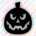 Featuring a black silhouette of an angry-faced jack-o’-lantern with triangular eyes and a jagged mouth, the Glitter Tattoo Faketoos - Jack o’Lantern 3 (small) by Faketoos is set against a light background with colorful repeated Faketoos branding—perfect as a glitter tattoo stencil for creating spooky jack-o’-lantern body art.