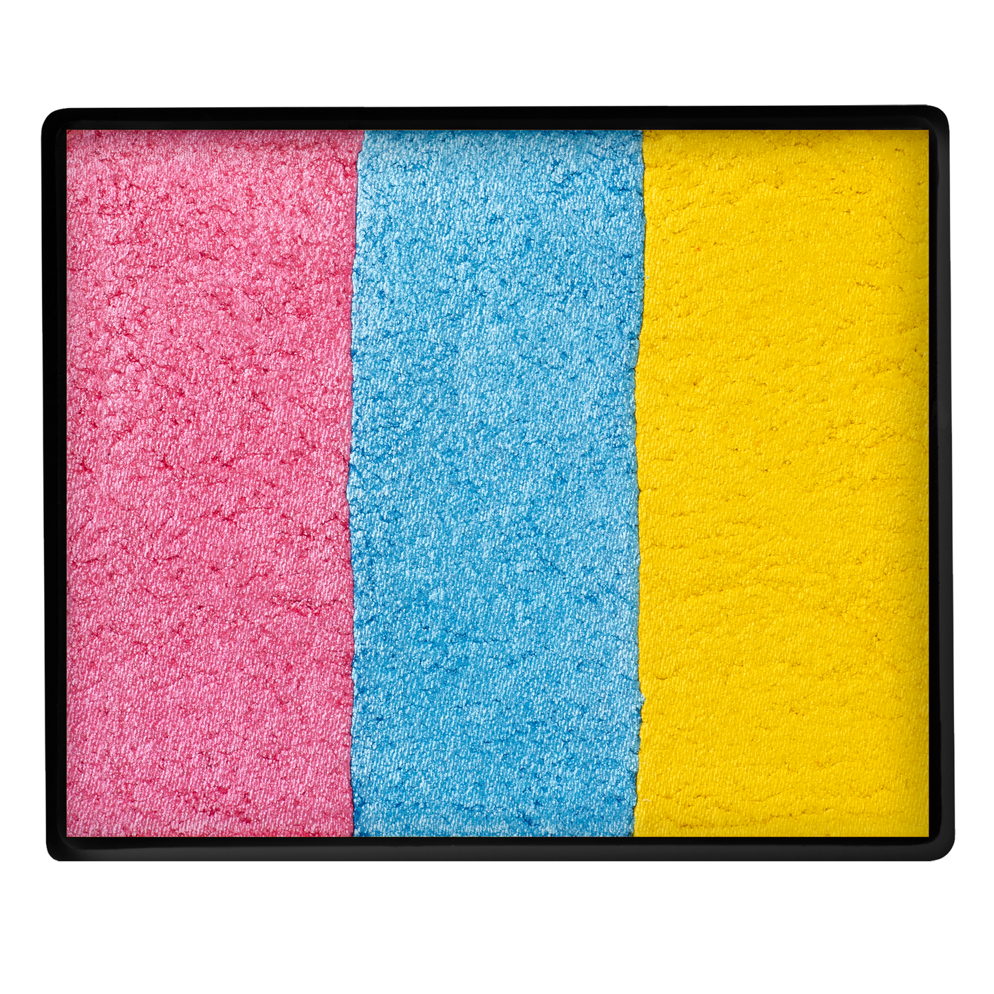 The Infinityfaces Face Paint & Body Paint Aqua - Sunset Split Cake (50g) features pink, blue, and yellow pigments in three vertical sections with a black border—ideal for creative face or body art projects.