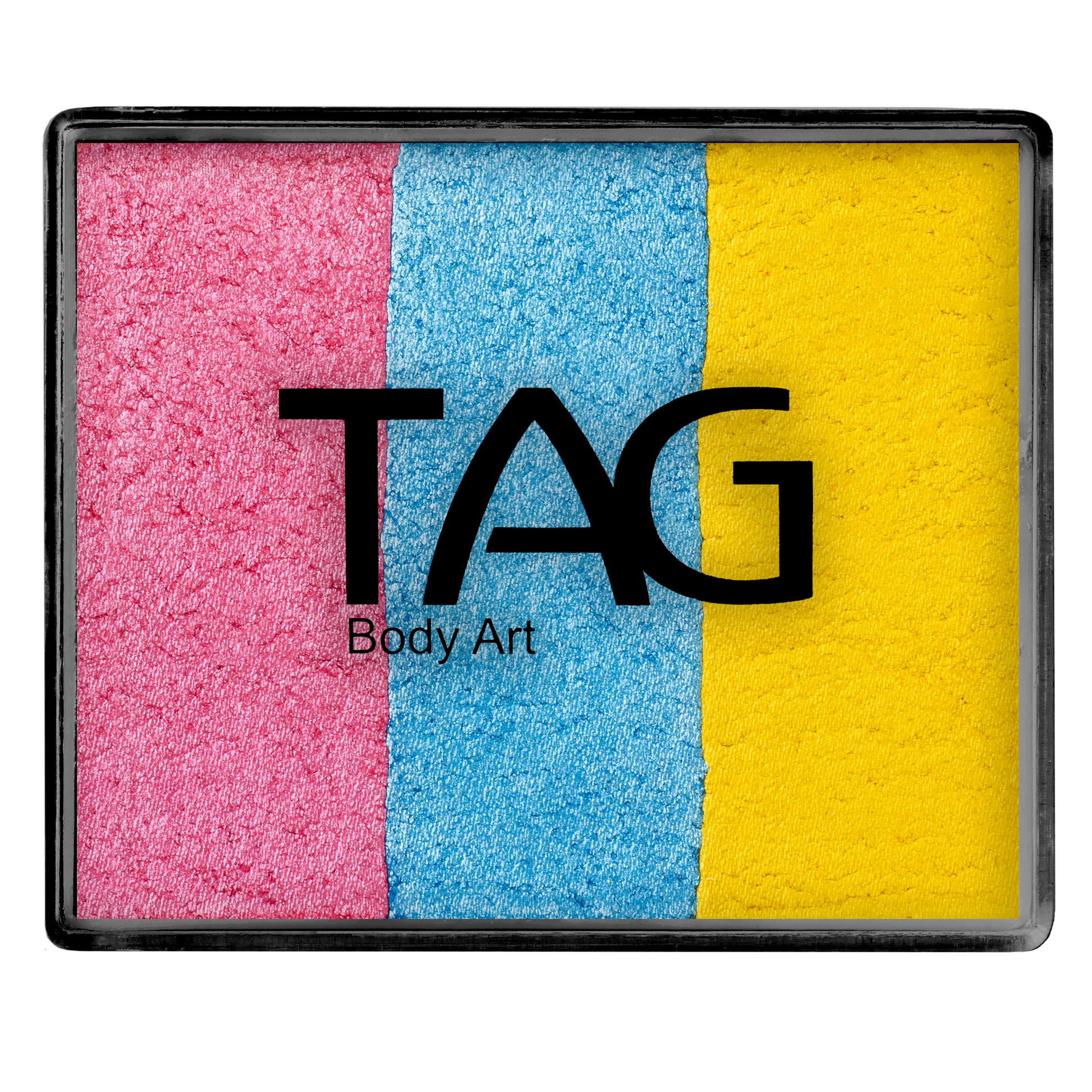 The Infinityfaces Face Paint & Body Paint Aqua - Jewel Split Cake (50g) features three bold vertical stripes—pink, blue, and yellow—and is perfect for creative looks with easy application. TAG Body Art is printed across the palette’s center.