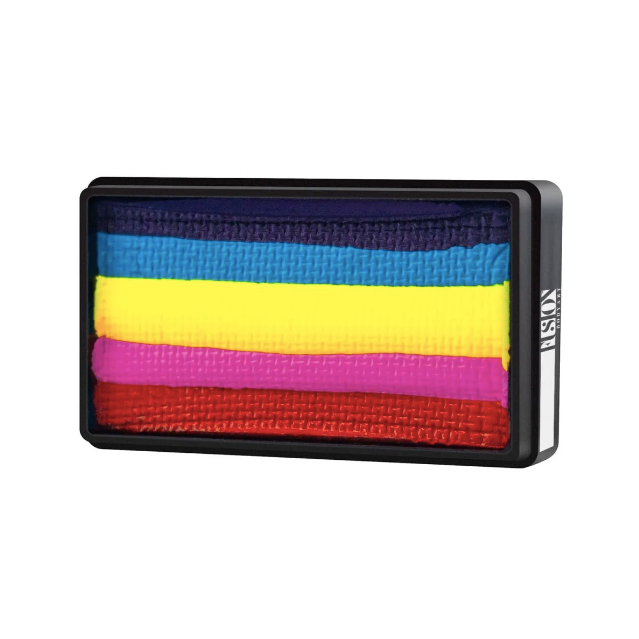 Infinity Faces Face- & Body Paint Aqua Fusion - Leannes Rainbow (30g) features five bold shades—purple, blue, yellow, pink, and red—arranged in stripes for One Stroke designs or blended effects with a flat brush.