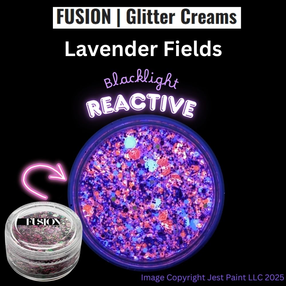 A 10g container of Infinity Faces Glitter Cream Fusion in Lavender Fields UV, featuring bright purple, pink, and blue glitter. Blacklight reactive. Product name and images displayed on a black background.
