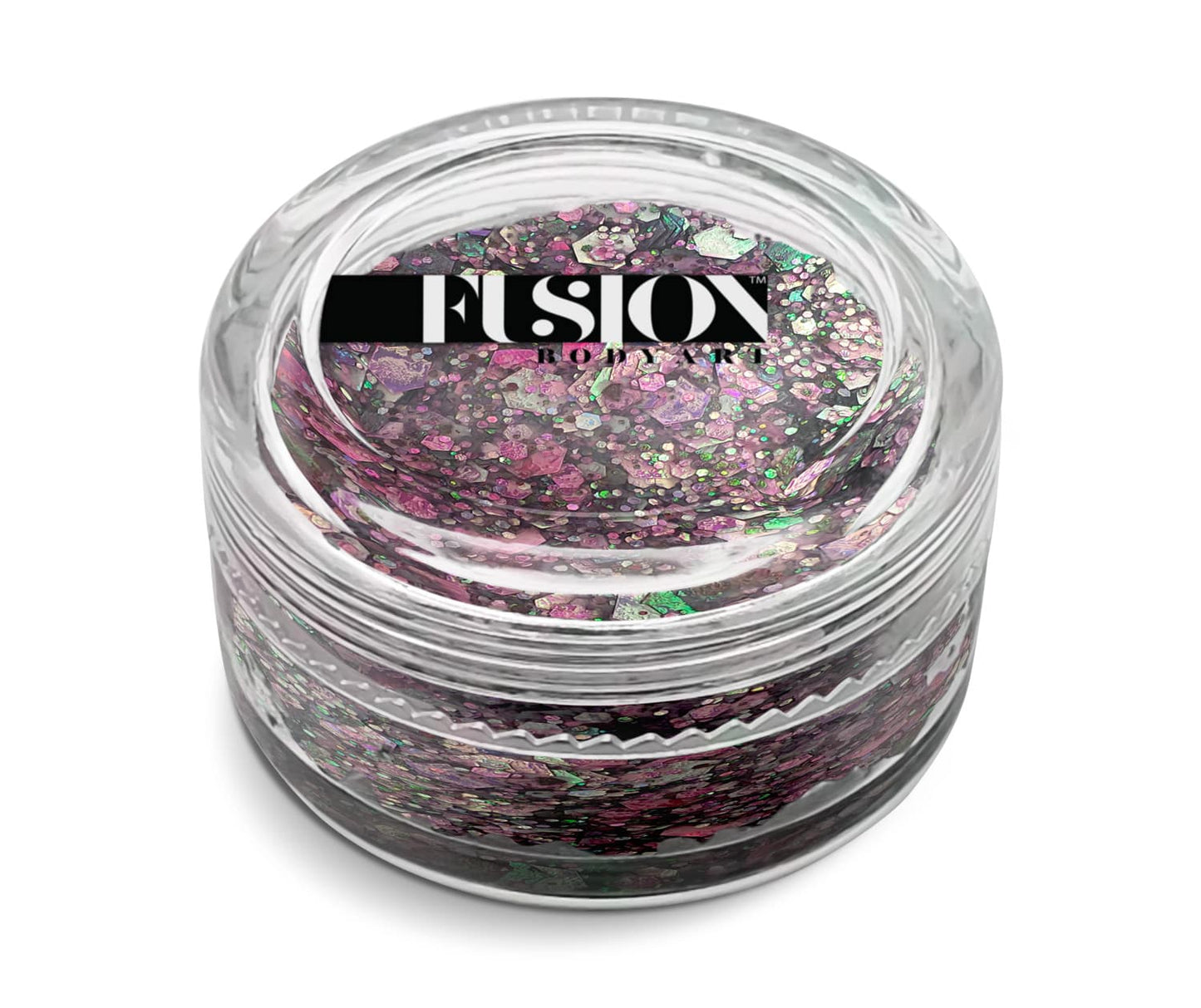 A clear round container labeled Infinity Faces Glitter Cream Fusion - Lavender Fields UV (10g) holds chunky, iridescent purple, pink, and green glitter flakes.