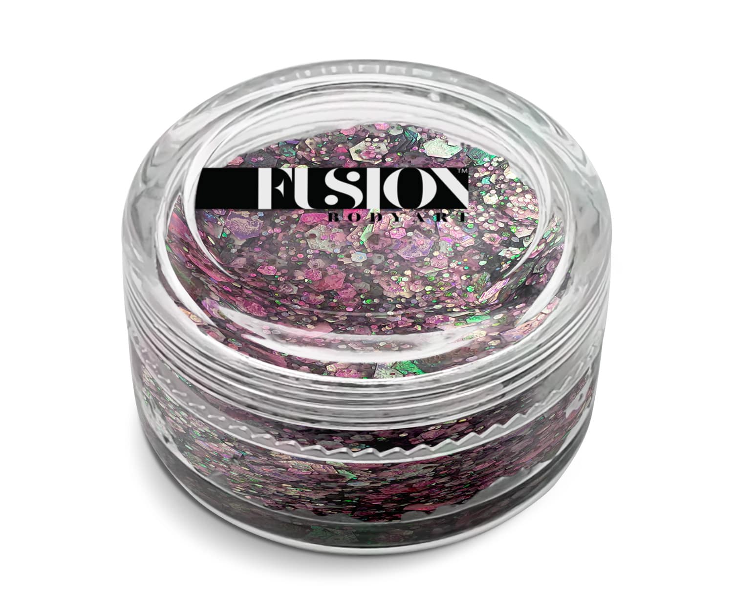 A clear round container labeled Infinity Faces Glitter Cream Fusion - Lavender Fields UV (10g) holds chunky, iridescent purple, pink, and green glitter flakes.