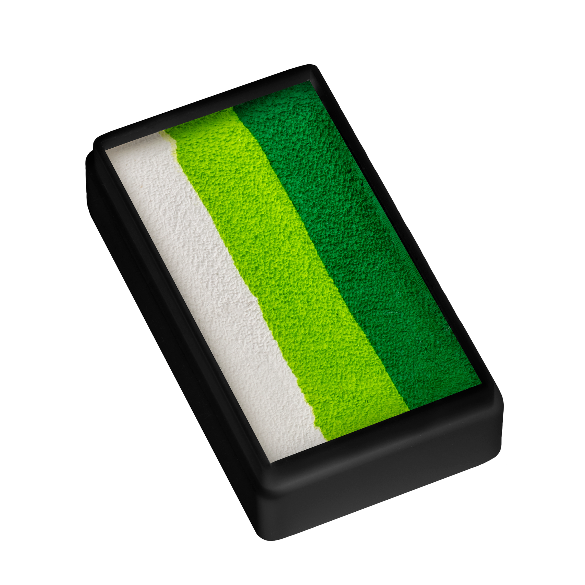 The Infinityfaces Face Paint & Body Paint Aqua - Leaf White One Stroke (30g) features a rectangular black case holding a striped paint with parallel bands of white, light green, yellow-green, and dark green.