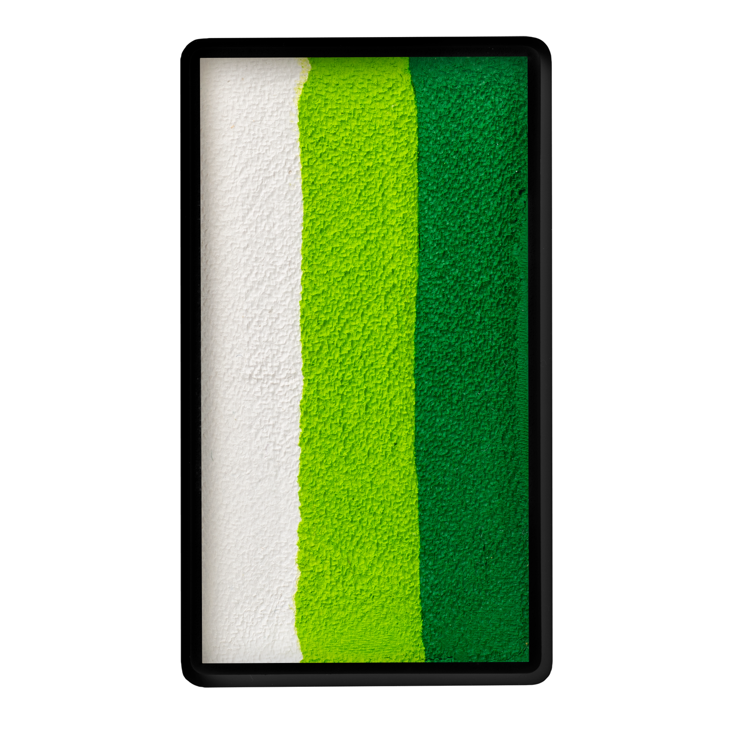 The Infinityfaces Face Paint & Body Paint Aqua - Leaf White One Stroke (30g) features a rectangular tray with four vertical stripes—white, light green, medium green, and dark green—outlined in black.