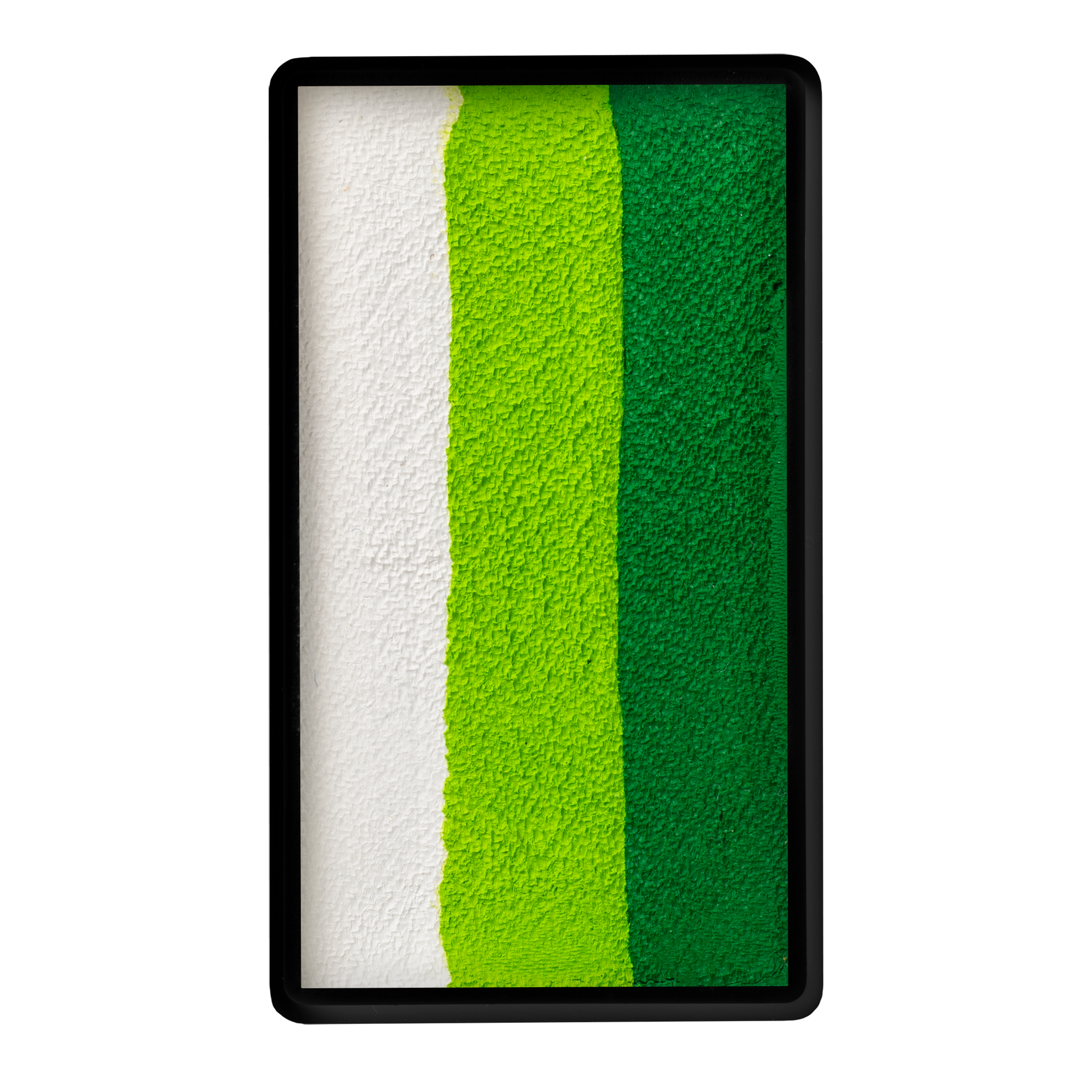 The Infinityfaces Face Paint & Body Paint Aqua - Leaf White One Stroke (30g) features a rectangular tray with four vertical stripes—white, light green, medium green, and dark green—outlined in black.