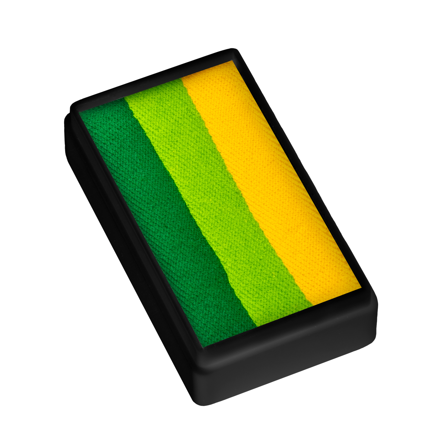 The Infinityfaces Face Paint & Body Paint Aqua Tag - Leave Yellow (One Stroke) (30g) features a rectangular ink pad in a black plastic casing with three horizontal stripes: green on the left, light green in the middle, and yellow on the right.