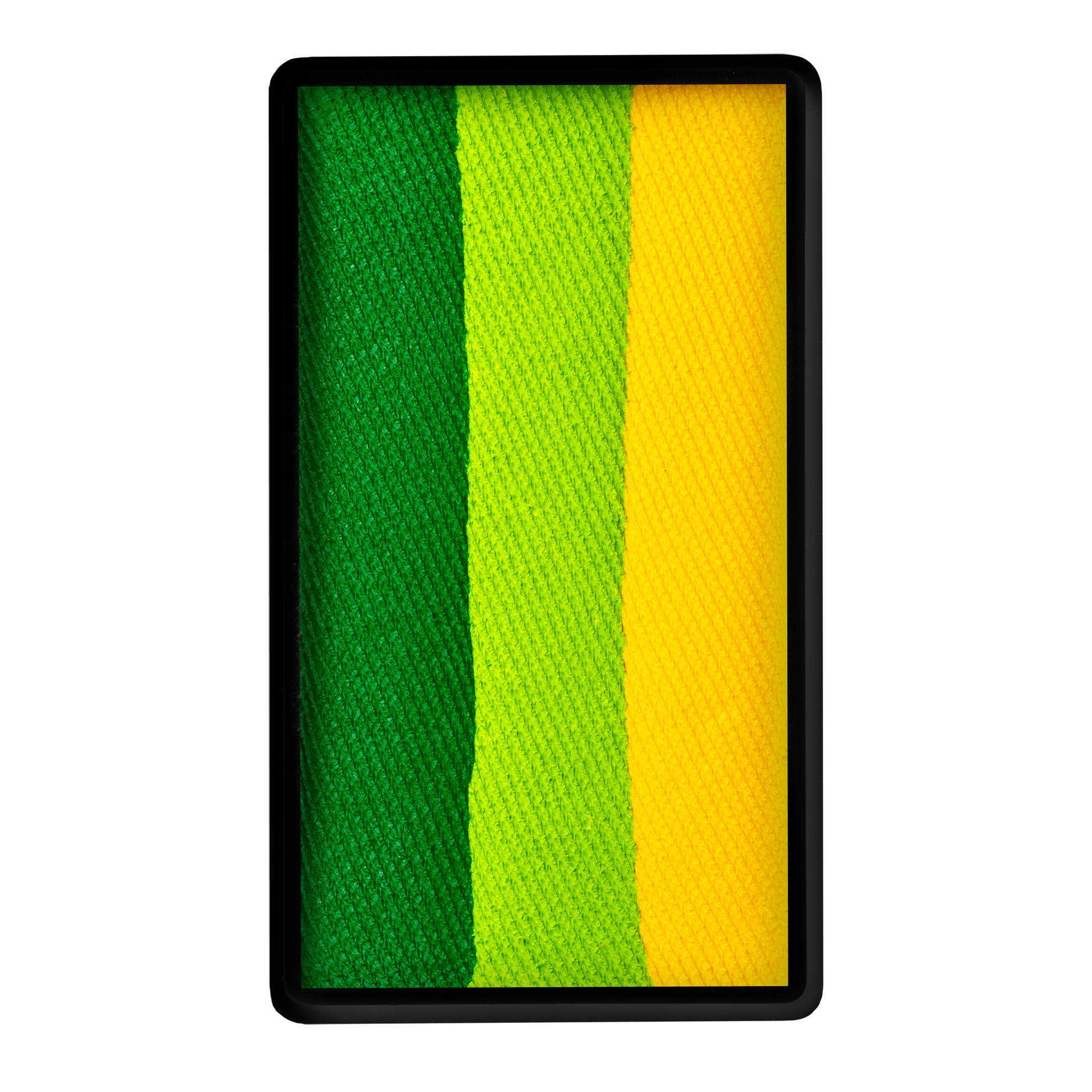 The Face Paint & Body Paint Aqua Tag - Leave Yellow by Infinityfaces features a rectangular container with three horizontal stripes of dark green, bright green, and yellow hues. The texture is soft and vibrant, all enclosed by a black border.