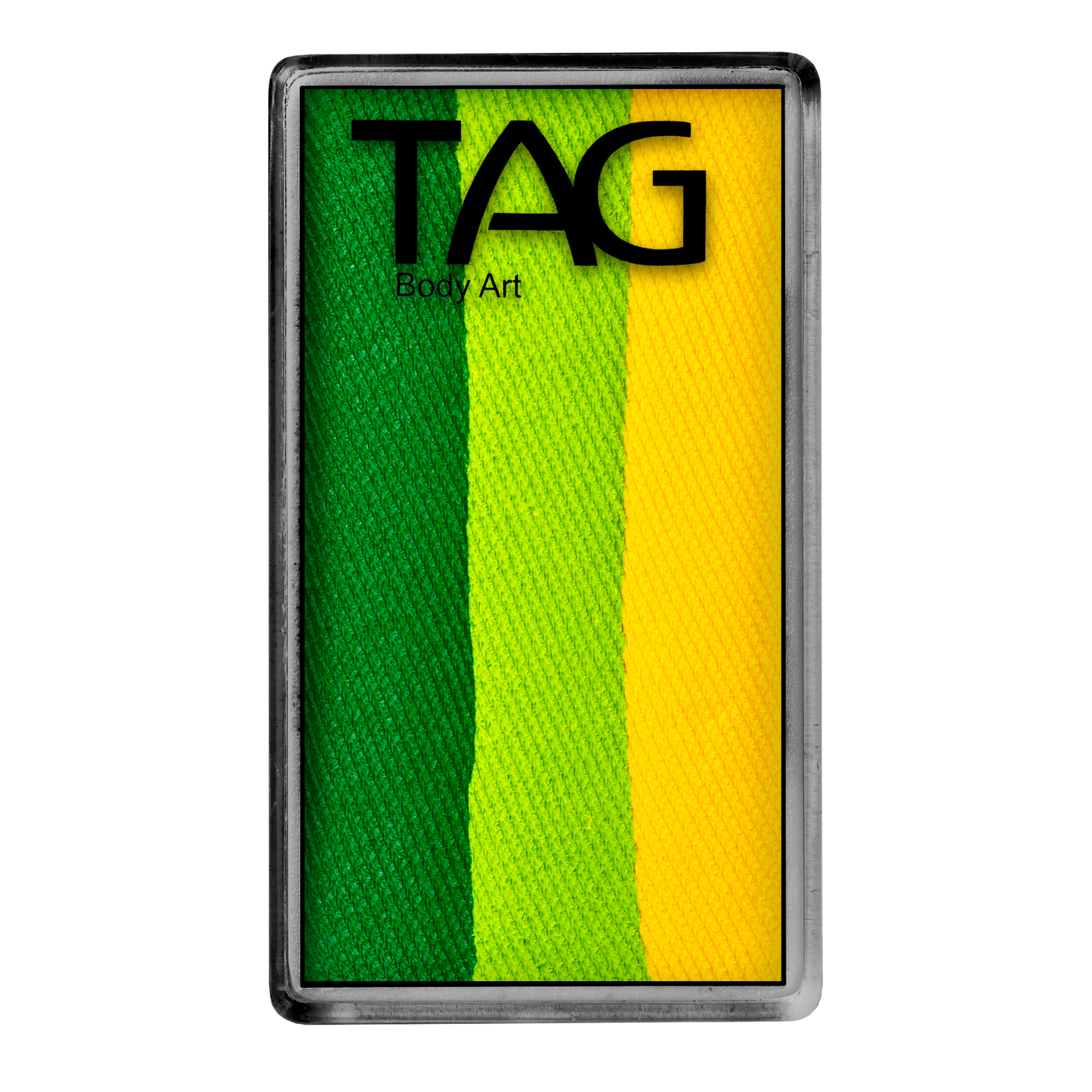 A rectangular paint palette by Infinityfaces, named Face Paint & Body Paint Aqua Tag - Leave Yellow (One Stroke) (30g), features four vertical color stripes: dark green, light green, yellow, and deep yellow. TAG Body Art is printed in black at the top.