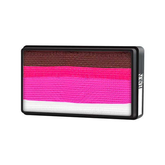 Infinityfaces Face Paint & Body Paint Aqua Fusion - Bella Rose (One Stroke) (30g) is a rectangular pan with horizontal stripes of brown, dark pink, bright pink, and white in a black plastic case displaying the brand label.