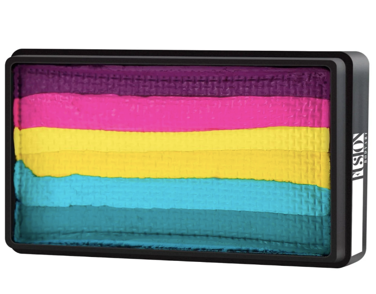 The Infinity Faces Face- & Body Paint Aqua Fusion - Rainbow Flower - One Stroke (30g) features five vibrant stripes—purple, pink, yellow, teal, and blue—in a sleek black case, ideal for One Stroke blending with a flat brush.