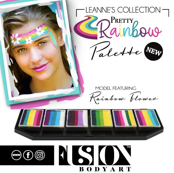 A promotional image for Infinity Faces Face- & Body Paint Aqua Fusion - Rainbow Flower - One Stroke (30g) shows a model with vibrant rainbow face paint created using a flat brush, plus the palette’s colors, text, and social media icons.