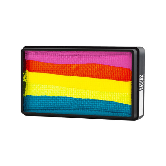 The Infinityfaces Face Paint & Body Paint Aqua Fusion - Summer Days (One Stroke) (30g) features five horizontal stripes—pink, red, yellow, blue, and teal—in a rectangular container against a white background.