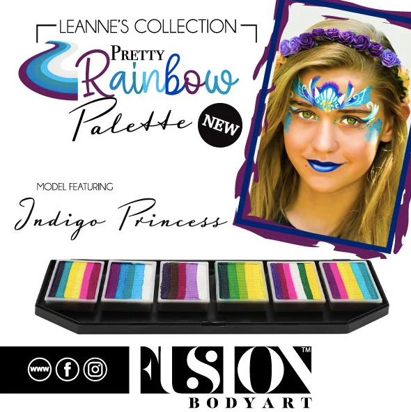 An ad for Infinity Faces Face- & Body Paint Aqua Fusion - Indigo Princess - One Stroke (30g) shows a girl with blue, purple, and turquoise face paint. Below, the bright palette offers vibrant colors for seamless blending.