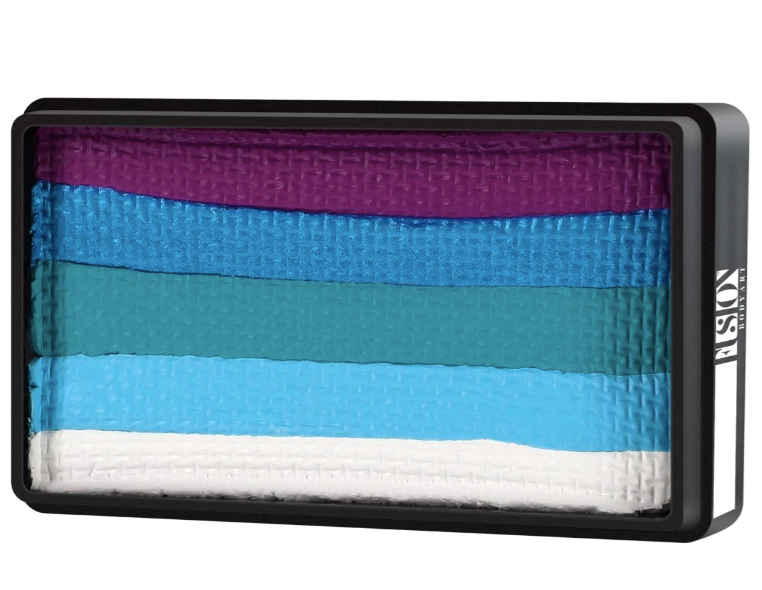 The Infinity Faces Face- & Body Paint Aqua Fusion - Indigo Princess - One Stroke (30g) features five horizontal stripes—dark purple, blue, teal, light blue, and white—in a sleek black palette for seamless blending with a flat brush.