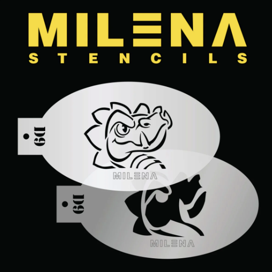 Two overlapping oval stencils with dragon designs appear on a black background. Above them, Cartoon Milena Stencil Body Art and the brand Infinity Faces are displayed in bold yellow and white letters.