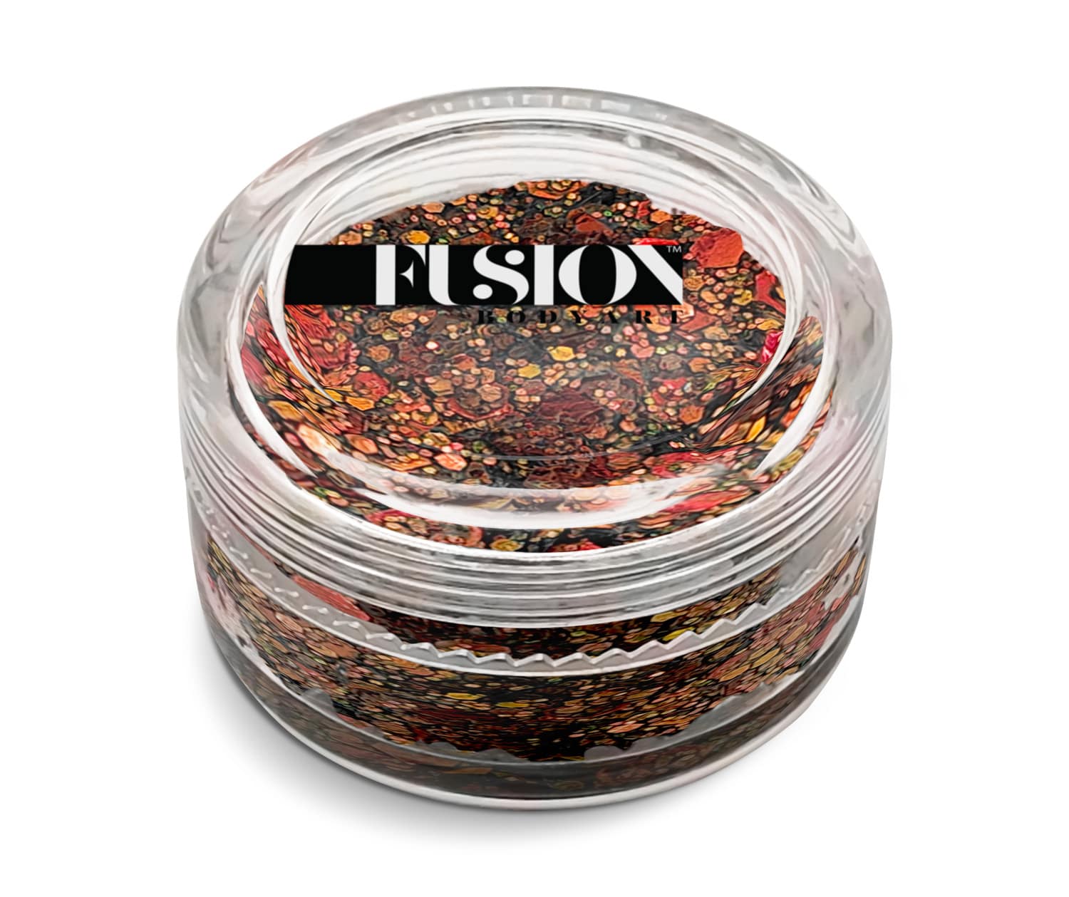 A clear glass jar labeled Glitter Cream Fusion - Magic Dragon (10g) by Infinity Faces is filled with a red, yellow, and brown spice-like blend.