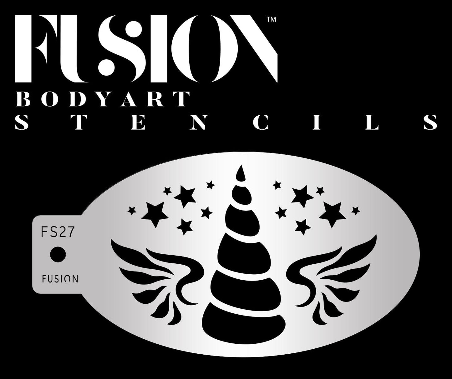 The Infinity Faces Magical Unicorn Horn Fusion Stencil Body Art (FS27) features a silver unicorn horn, wings, and stars. “Fusion Bodyart Stencils” appears in bold white text on a black background above the design.