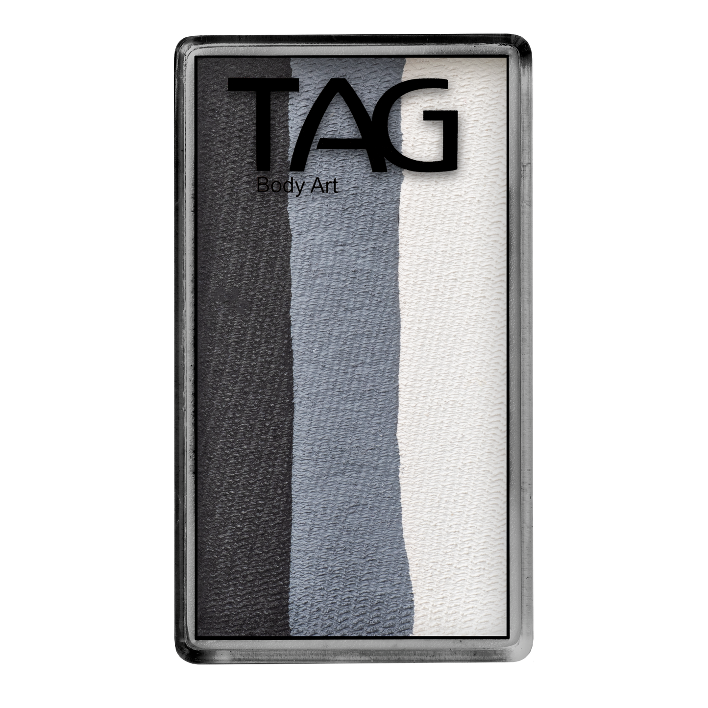 The Infinityfaces Face Paint & Body Paint Aqua - Magpie One Stroke (30g) features a rectangular container with three vertical stripes in black, gray, and white. The TAG logo is printed at the top.