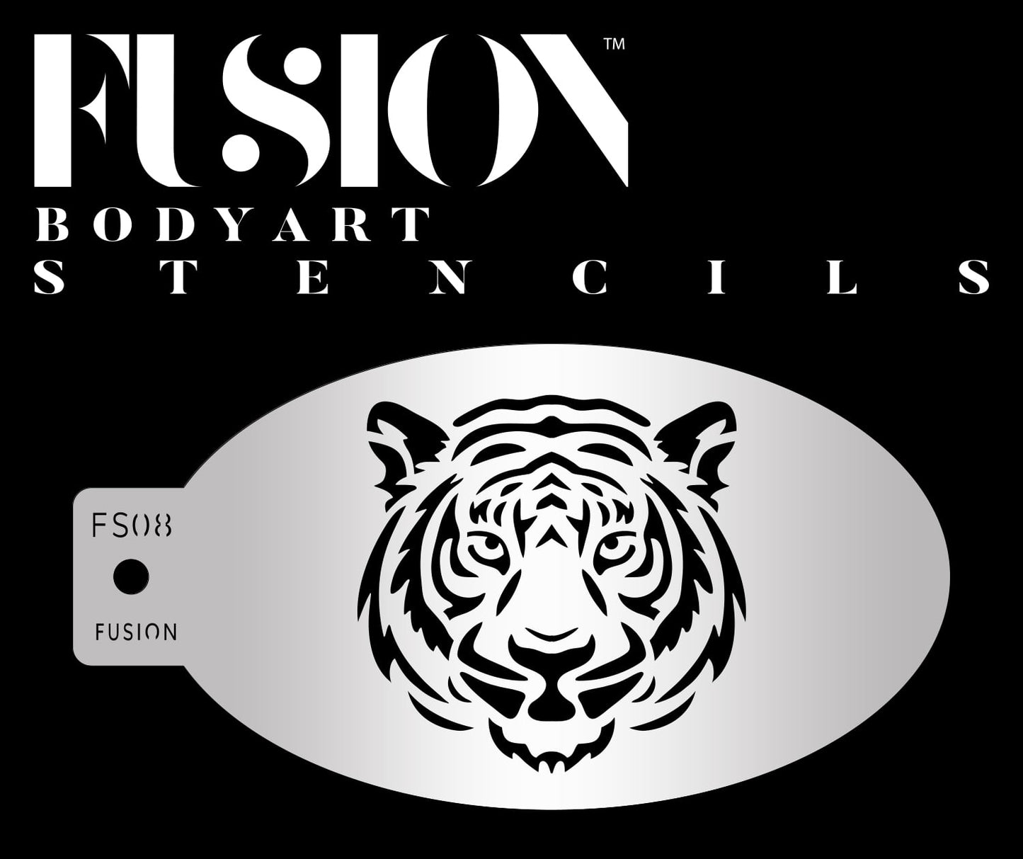 The image displays the Majestic Tiger Fusion Stencil Body Art design by Infinity Faces, featuring a symmetrical, stylized tiger head. It is set against a black background with Fusion Body Art Stencils in bold white text at the top.