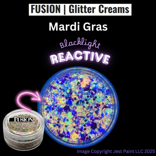 A 10g container of Infinity Faces Glitter Cream Fusion - Mardi Gras UV, featuring a colorful, blacklight-reactive glitter mix. Product by Infinity Faces, 2025.