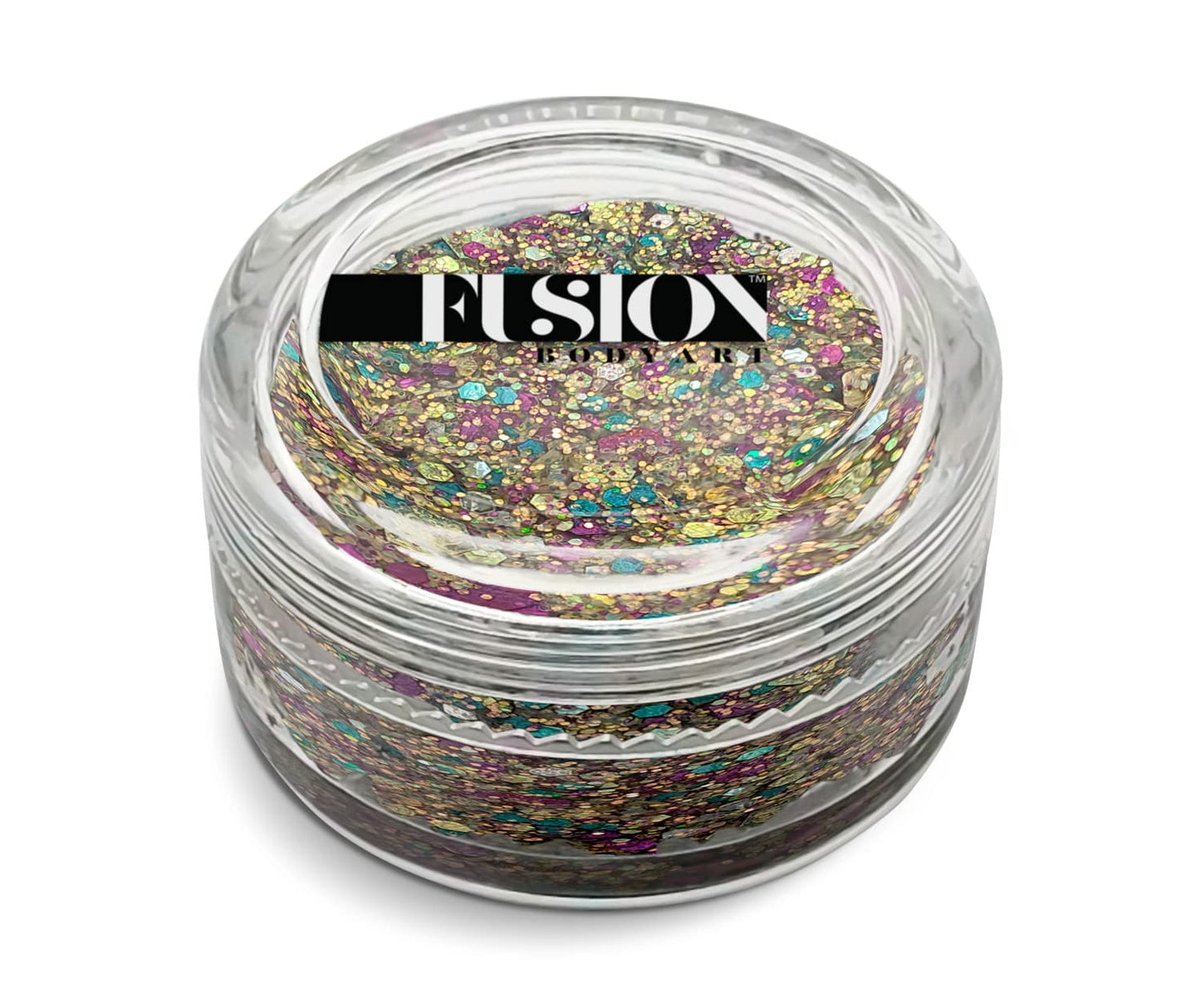 A clear round jar of Glitter Cream Fusion - Mardi Gras UV (10g) by Infinity Faces, filled with chunky gold, purple, blue, and green glitter. The lid displays the Infinity Faces logo in bold black and white.