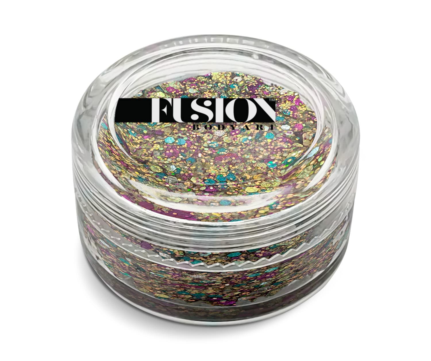 A clear round jar of Glitter Cream Fusion - Mardi Gras UV (10g) by Infinity Faces, filled with chunky gold, purple, blue, and green glitter. The lid displays the Infinity Faces logo in bold black and white.