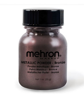 A small jar of Infinityfaces Metallic Powder Makeup in bronze features a black screw-on lid and a multilingual label. The net weight is 21 g.