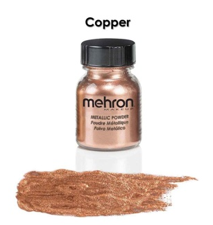 The Infinityfaces Metallic Powder Make Up Mehron in Copper (21g) offers a brilliant metallic shine. The clear jar with a black lid reveals its shimmering contents, ideal for use with Mehron Mixing Liquid to enhance the reflective texture.