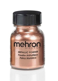 The Infinityfaces Metallic Powder Make Up Mehron in Copper (21g) features a clear jar with a black lid, showcasing its metallic shine. Labels in English and French suggest limitless creative options when used with Mehron Mixing Liquid.