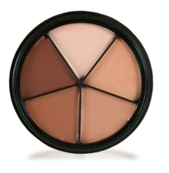 The Make Up Mehron - Pro ColoRing Tattoo Cover by Infinityfaces is a circular palette featuring five wedge-shaped sections with various foundation shades from dark brown to light beige, all encased in black plastic.