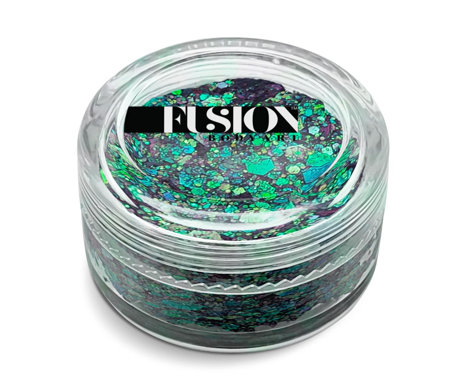 A clear glass jar labeled “FUSION” on the lid holds Infinity Faces Glitter Cream Fusion - Mermaid Magic (10g), a chunky, iridescent glitter gel in vibrant green and blue shades.