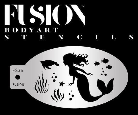 The Mermaid Underwater Adventure Fusion Stencil Body Art by Infinity Faces is oval-shaped, featuring silhouettes of a mermaid, turtle, fish, seaweed, bubbles, and starfish. The Infinity Faces brand is boldly displayed above the stencil.