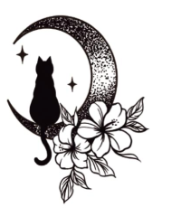 The Temporary Herbal Tattoo - Miss Cat by Infinityfaces features a cat silhouette on a crescent moon with flowers, leaves, and surrounding stars for a celestial touch. The black and white design evokes the elegance of natural body art, perfect for inspiring plant-based tattoos.
