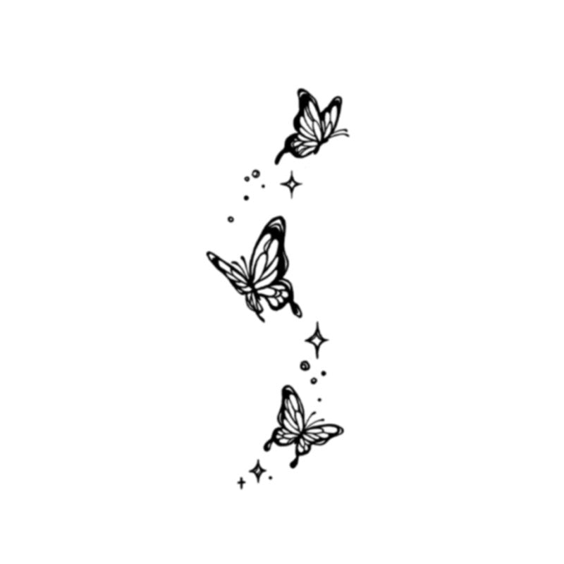The Temporary Herbal Tattoo - Molting into Butterfly by Infinityfaces features a black and white illustration of three vertically aligned butterflies with stars and dots, offering a skin-safe, minimalist design perfect for plant-based tattoo enthusiasts seeking elegant natural body art.