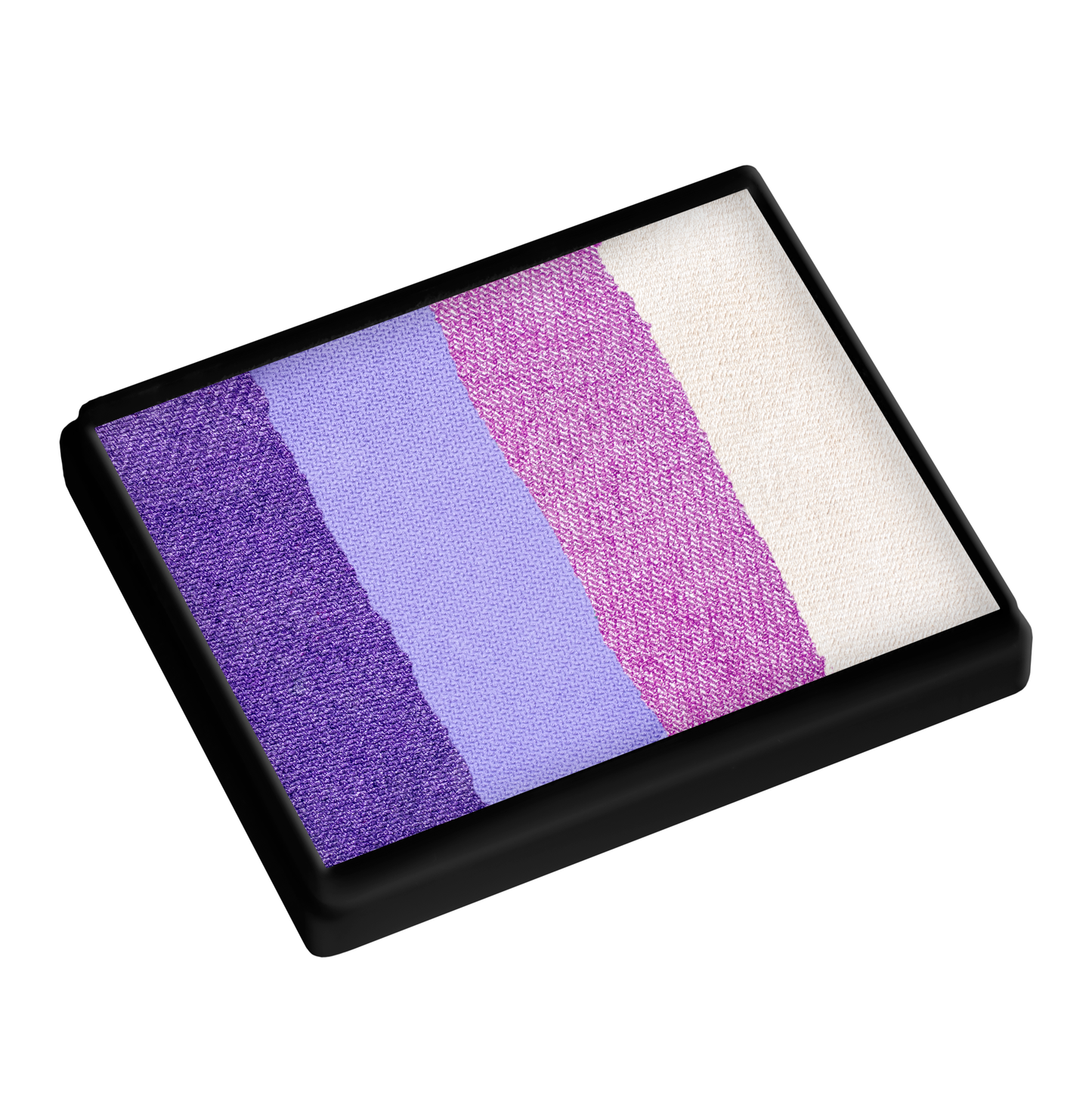 The Infinityfaces Face Paint & Body Paint Aqua - Snowflake Split Cake (50g) features four textured powder strips—purple, lavender, pink, and cream—in a sleek black rectangular palette.