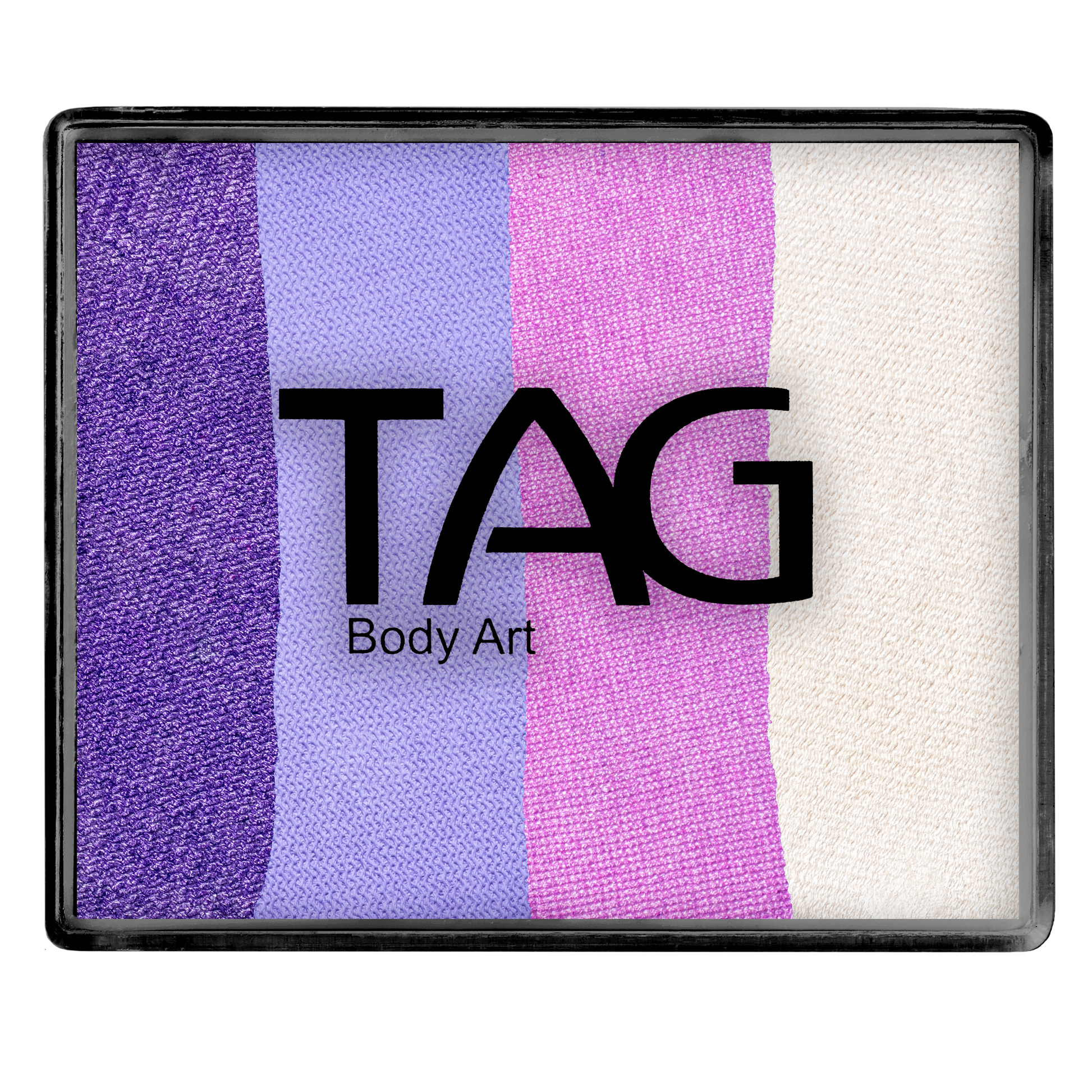 A 50g rectangular Face Paint & Body Paint Aqua - Snowflake Split Cake by Infinityfaces, featuring four vertical stripes of dark purple, lavender, pink, and white. The palette is labeled with bold TAG Body Art lettering.