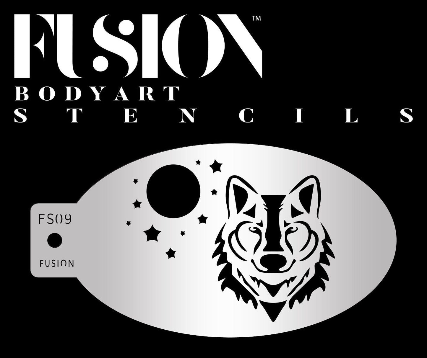 The Mystical Wolf Fusion Stencil Body Art by Infinity Faces displays a wolfs head, crescent moon, and stars on a metallic stencil, with the product name shown above against a black background.