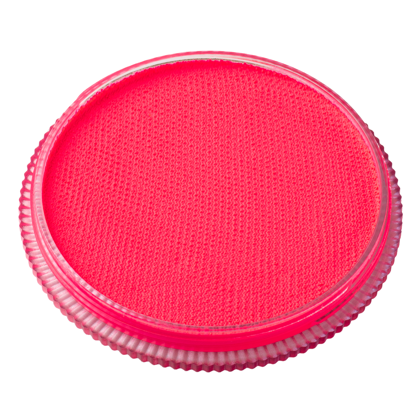 The Infinity Faces Face Paint & Body Paint Aqua Tag - UV Neon Pink (32g) features a round container with a transparent, ridged edge holding bright pink paint with a textured surface inside.