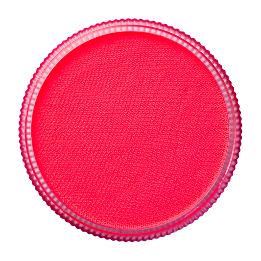 The Infinity Faces Face Paint & Body Paint Aqua Tag in UV Neon Pink (32g) is a circular, bright pink product with a textured surface and ridged edges, shown from above on a white background.