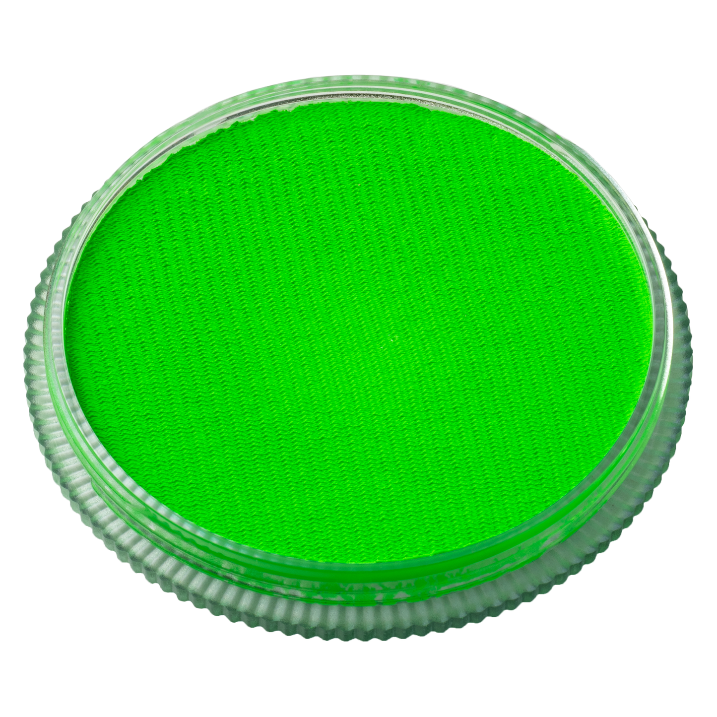 The Infinity Faces Face Paint & Body Paint Aqua Tag - UV Neon Green (32g) is shown from above in a round container with a clear, ridged lid on a white background.