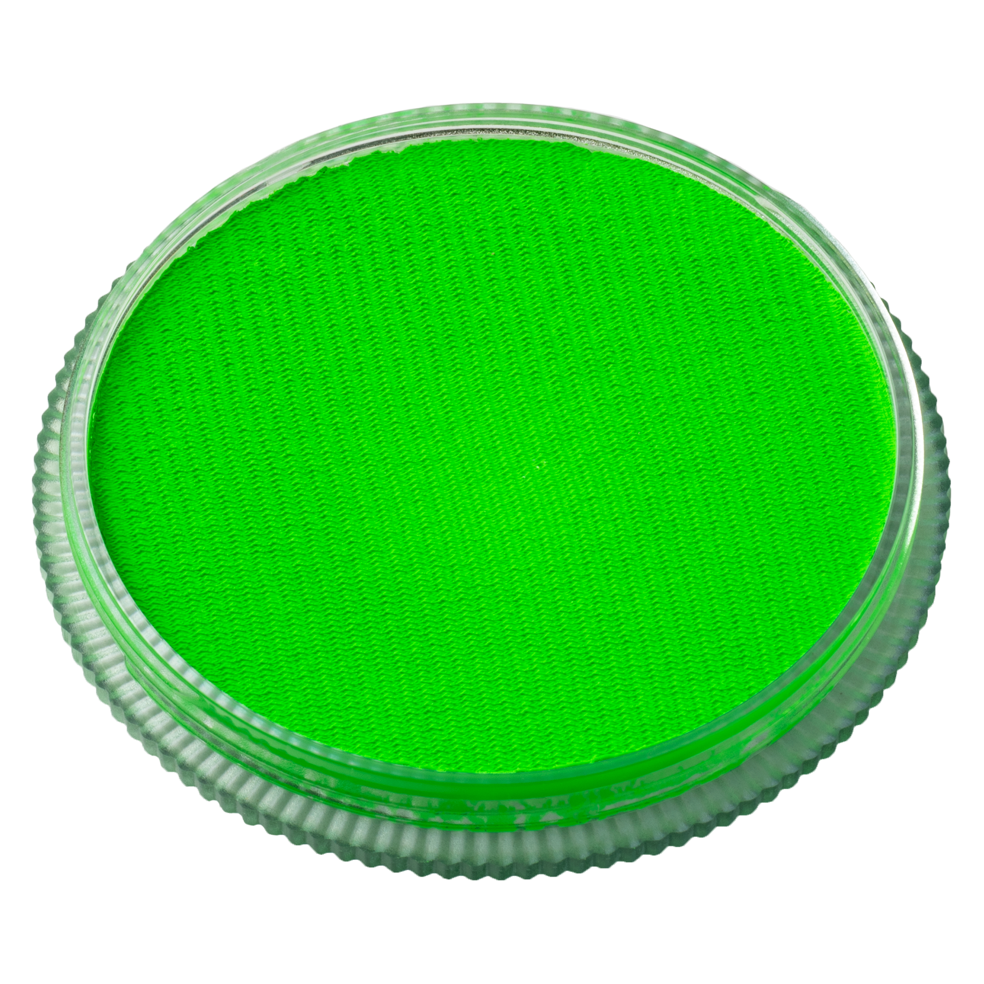 The Infinity Faces Face Paint & Body Paint Aqua Tag - UV Neon Green (32g) is shown from above in a round container with a clear, ridged lid on a white background.