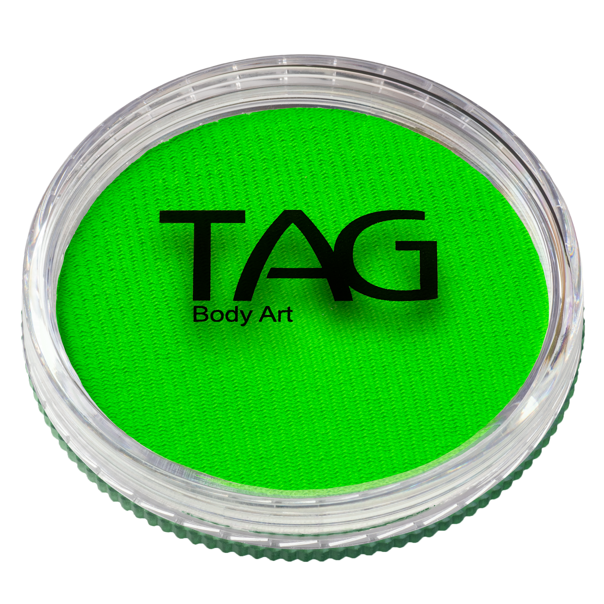 A round 32g container of Infinity Faces Face Paint & Body Paint Aqua Tag in UV Neon Green, featuring a clear lid and black logo text on top.
