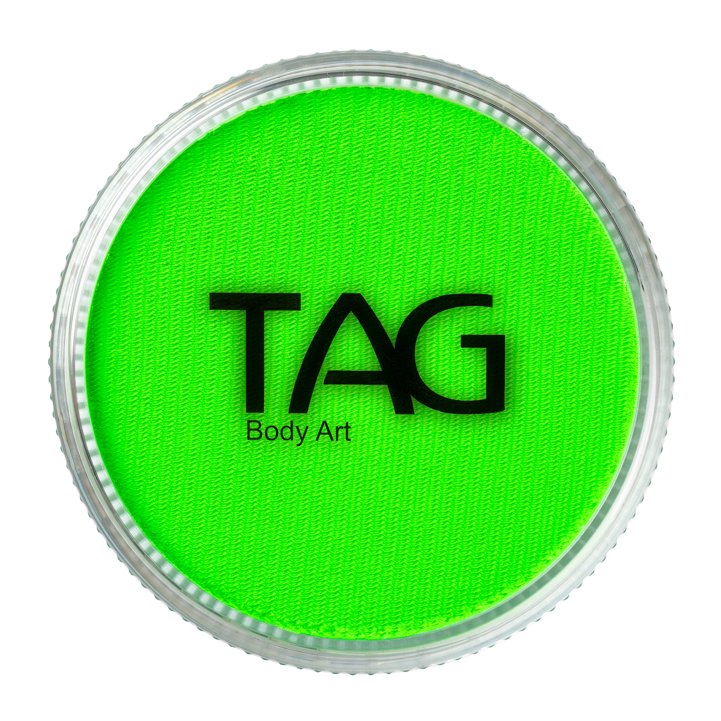 A round container of Infinity Faces Face Paint & Body Paint Aqua Tag - UV Neon Green (32g) with a clear, ridged plastic lid.