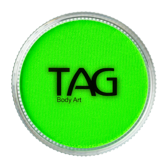 A round container of Infinity Faces Face Paint & Body Paint Aqua Tag - UV Neon Green (32g) with a clear, ridged plastic lid.