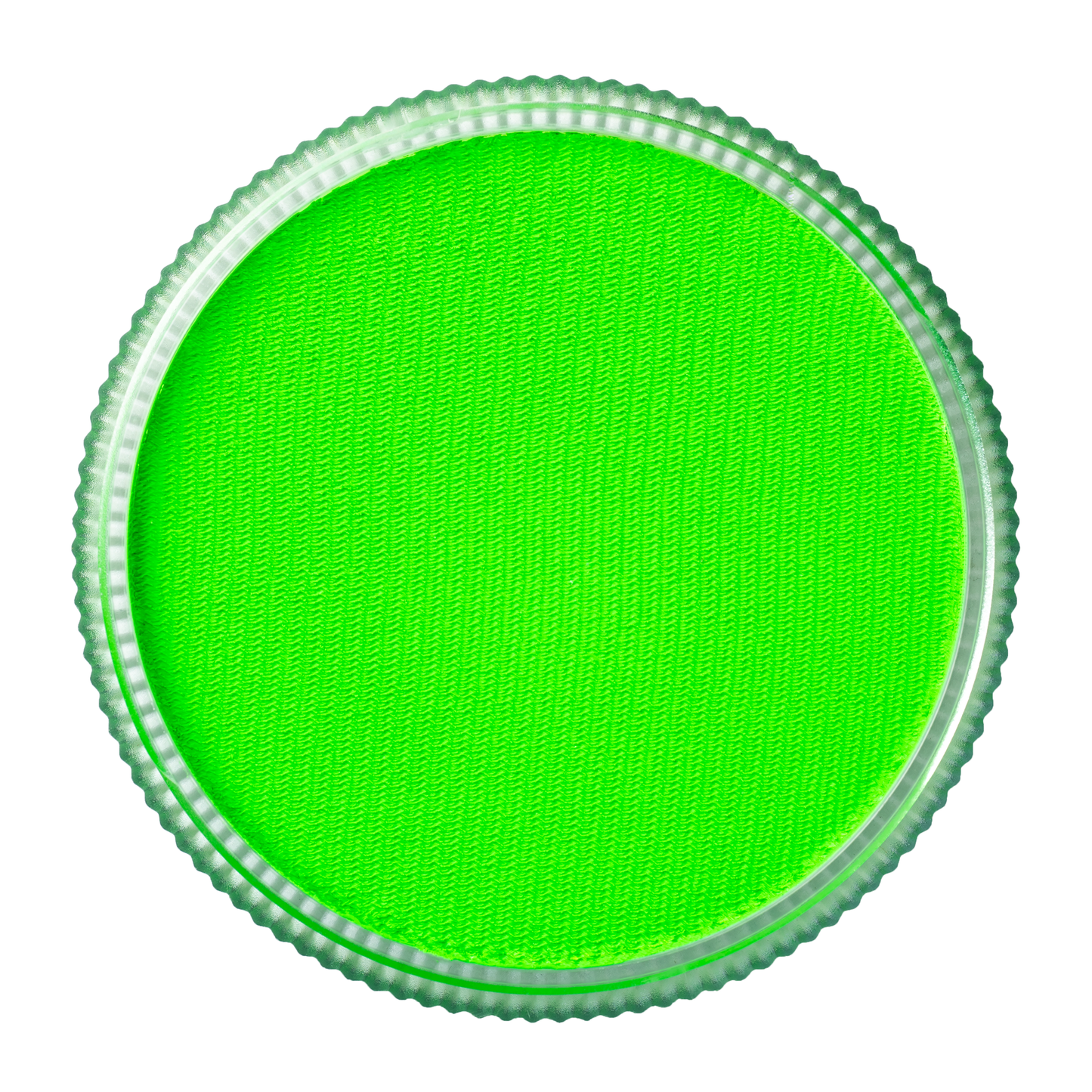 A round, bright green plastic lid with a textured surface and ridged edges is shown from above on a white background. The lid belongs to the Infinity Faces Face Paint & Body Paint Aqua Tag - UV Neon Green (32g).