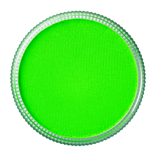 A round, bright green plastic lid with a textured surface and ridged edges is shown from above on a white background. The lid belongs to the Infinity Faces Face Paint & Body Paint Aqua Tag - UV Neon Green (32g).