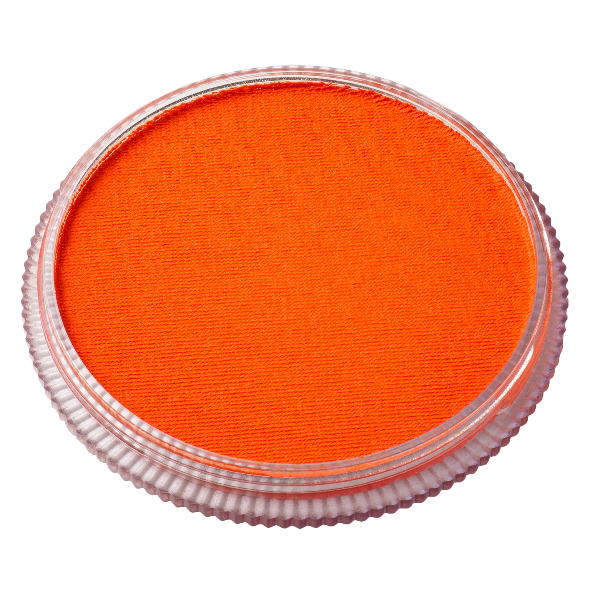 A round, clear plastic container of Infinity Faces Face Paint & Body Paint Aqua Tag - UV Neon Orange (32g) is filled with bright orange pigment. Viewed from above, the smooth surface highlights its vibrant neon color.