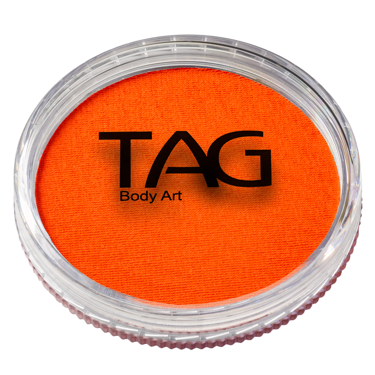 A 32g round container of Infinity Faces Face Paint & Body Paint Aqua Tag in UV Neon Orange features a clear lid and ridged edge.
