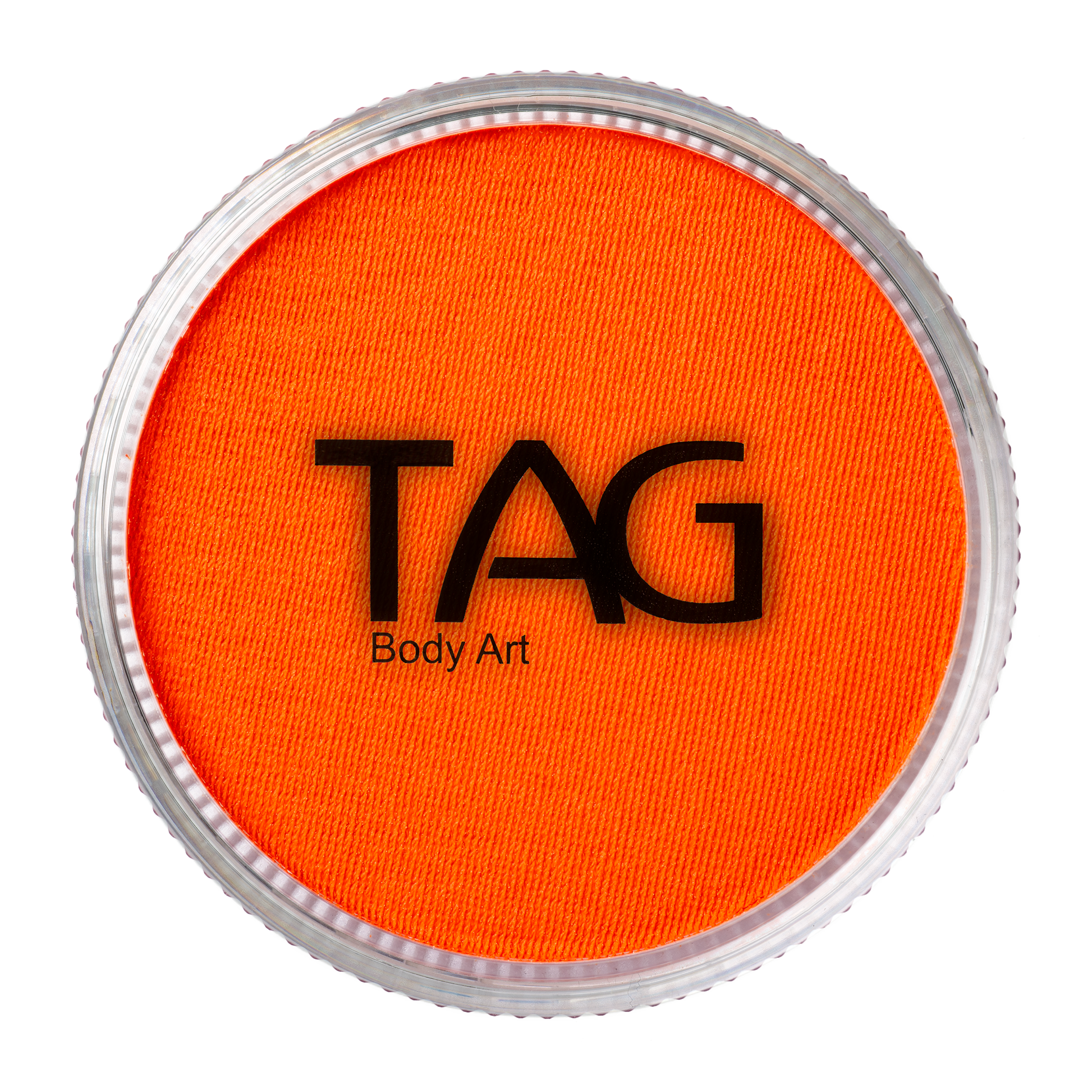 A round 32g container of UV Neon Orange Face & Body Paint Aqua Tag by Infinity Faces, with a clear lid and product name on top.
